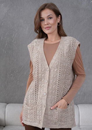 Kadın Triko Ajurlu Cep Detaylı Yün Yelek