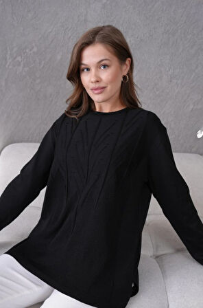 Kadın Minimal Çizgi Kabartmalı Triko Kazak