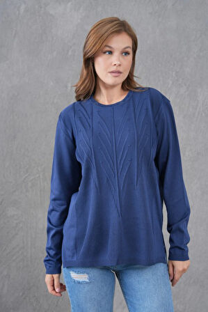 Kadın Minimal Çizgi Kabartmalı Triko Kazak