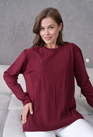 Kadın Minimal Çizgi Kabartmalı Triko Kazak