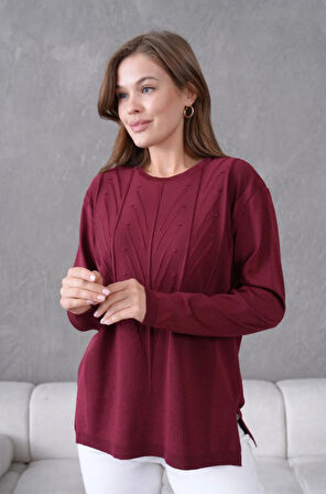 Kadın Minimal Çizgi Kabartmalı Triko Kazak