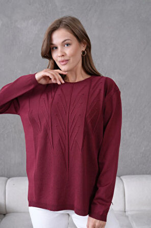 Kadın Minimal Çizgi Kabartmalı Triko Kazak