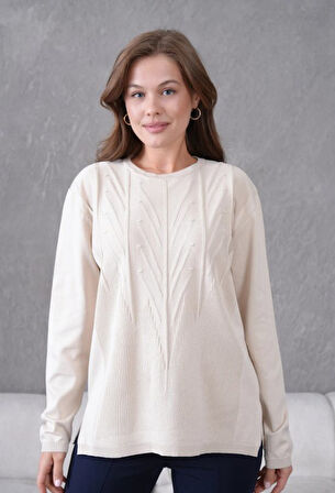 Kadın Minimal Çizgi Kabartmalı Triko Kazak