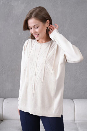 Kadın Minimal Çizgi Kabartmalı Triko Kazak