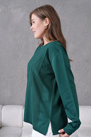 Kadın Minimal Çizgi Kabartmalı Triko Kazak