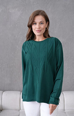 Kadın Minimal Çizgi Kabartmalı Triko Kazak