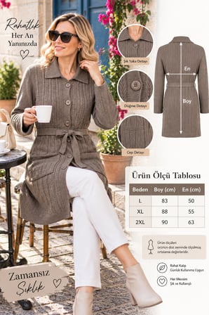 Kadın Uzun Yakalı Düğmeli Cepli Kuşaklı Yün Triko Hırka