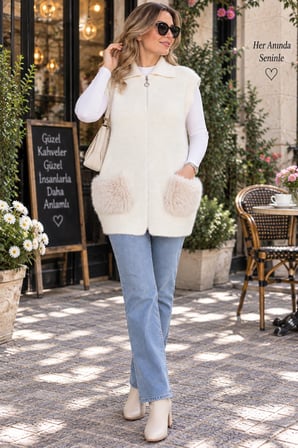 Kadın Angora Cepli Fermuarlı Yakalı Yelek