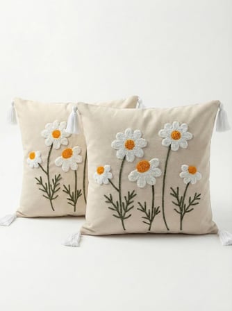 2 Adet 40x40 cm Punch Papatya Desenli Gizli Fermuarlı Kırlent Kılıfı Dekoratif Yastık Kılıfı Salon Oturma Odası Kırlent Seti