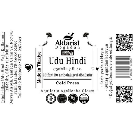 Aktarist Udu Hindi Damla 50Ml - Soğuk Pres