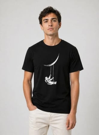 Modi Green Erkek Astronot Ay Temalı Tişört Kısa Kol Yazlık Bisiklet Yaka T-Shirt - Siyah