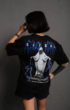 Modi Green Unisex Bisiklet Yaka Baskılı Oversize T-Shirt - Siyah