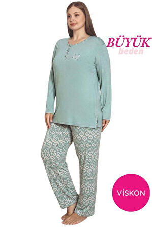 Kadın Etnik Desenli 3 Düğmeli Likralı Viskon Mevsimlik Uzun Kol Pijama Takımı