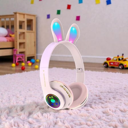 Tavşan Kulaklı Bluetooth Kulaklık, Renkli LED Işıklı, 5.0 Versiyon, Ayarlanabilir Büyüklük, Hafıza Kart Girişli, 40mm Kulaklık, 6 Saat Kullanım Süresi, BASS TİZ MÜTHİŞ SES (TOZ PEMBE)