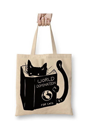Kitap Okuyan Kedi Cats Beyaz Bez Çanta Uzun Saplı Alışveriş Çantası Plaj Çantası