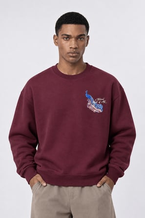 Erkek Natural Patch Detaylı Oversize Sweatshirt Bordo