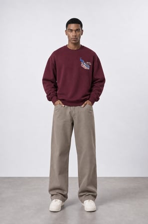 Erkek Natural Patch Detaylı Oversize Sweatshirt Bordo