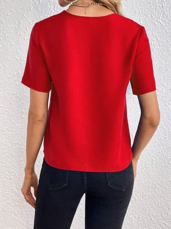 Kadın Kısa Kollu V Yakalı Ithal Krep Bluz - Kırmızı / 2XL-3XL
