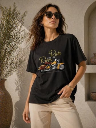 Modi Green Motosiklet Baskılı Tişört Bisiklet Yaka Kısa Kol Yazlık T-Shirt - Siyah