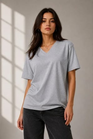 Modi Green V Yaka Basic Tişört Kısa Kol Yazlık Regular Fit T-Shirt - Gri