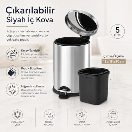 Krom 5 Lt Micro Pedallı Çöp Kovası