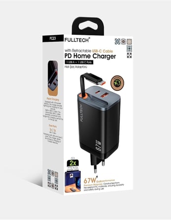 67W Pro 1 Usb-A,1 Usb-C Port 1 Usb-C Kablo Çoklu Usb Şarj Cihazı 2 Port Hızlı Akıllı Priz Siyah