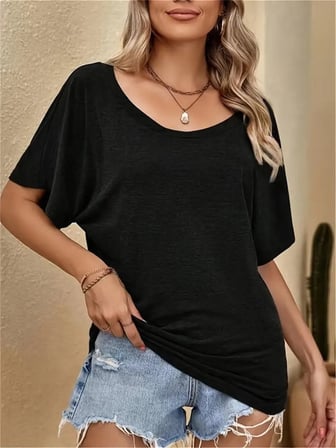 Kadın Tek Omuzu Açık Kısa Kollu Salaş Viskon Bluz - Siyah / 2XL-3XL