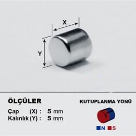 Dünya Magnet 25 Adet Çap 5Mm X Kalınlık 5Mm Silindir Güçlü Neodyum Mıknatıs