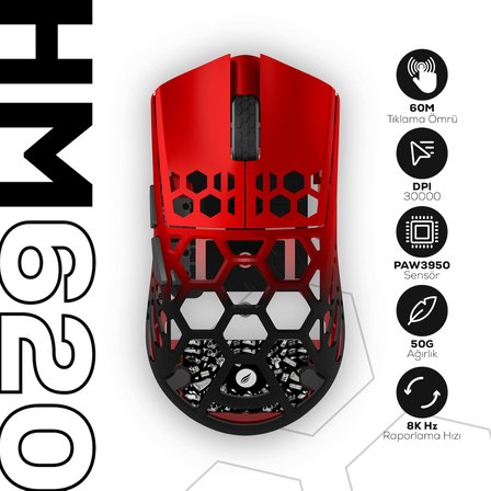 HM620 8K Hz 30000 DPI Tri-Mode Kablosuz/Bluetooth Siyah Kırmızı Gaming Mouse