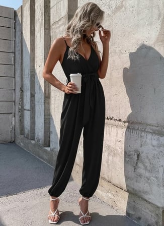 Kadın Ip Askılı Kruvaze Yakalı Belden Kuşaklı Uzun Sandy Tulum - Siyah / 2XL-3XL