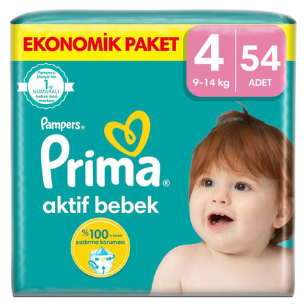 4 Adet Prima Aktif Bebek Ekonomik Paket 4 Beden 9-14 Kg 54 Adet