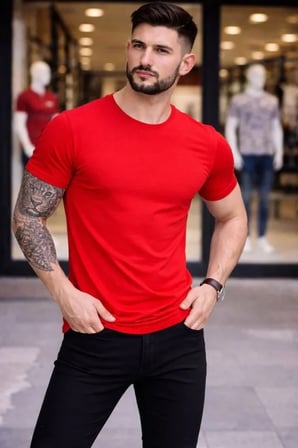 Modi Green Erkek T-Shirt Bisiklet Yaka Slim Fit Dar Kesim Likralı Tişört Günlük Basic Body - Kırmızı