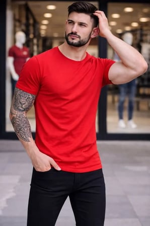 Modi Green Erkek T-Shirt Bisiklet Yaka Slim Fit Dar Kesim Likralı Tişört Günlük Basic Body - Kırmızı