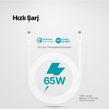 USB-C - USB-C 300cm 60W PD/QC Hızlı Şarj/Data Kablosu Beyaz