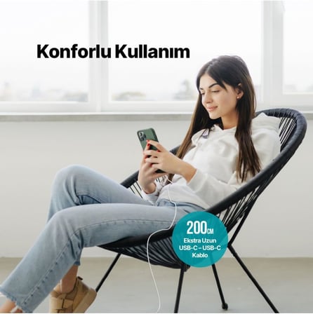 USB-C - USB-C 300cm 60W PD/QC Hızlı Şarj/Data Kablosu Beyaz
