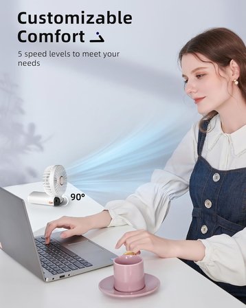 Taşınabilir el vantilatörü, pille çalışan fan, tabanlı, 8 saat, dijital ekran, 5 hız, 90° ayarlanabilir, şarj edilebilir mini fan, dış mekan, iç mekan için beyaz