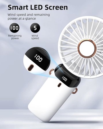 Taşınabilir el vantilatörü, pille çalışan fan, tabanlı, 8 saat, dijital ekran, 5 hız, 90° ayarlanabilir, şarj edilebilir mini fan, dış mekan, iç mekan için beyaz