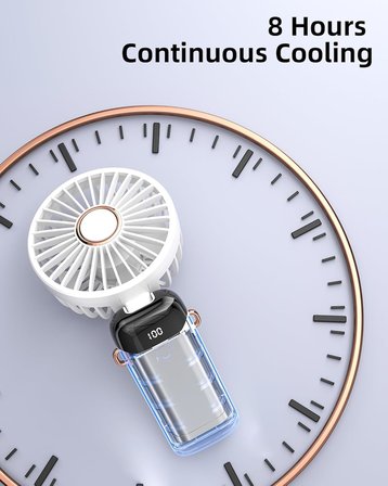 Taşınabilir el vantilatörü, pille çalışan fan, tabanlı, 8 saat, dijital ekran, 5 hız, 90° ayarlanabilir, şarj edilebilir mini fan, dış mekan, iç mekan için beyaz