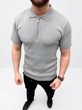Modi Green Erkek Yazlık Triko Saç Örgü Tişört Kısa Kol Polo Yaka Fermuarlı T-Shirt - Gri