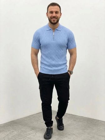 Modi Green Erkek Yazlık Triko Saç Örgü Tişört Kısa Kol Polo Yaka Fermuarlı T-Shirt - Bebe Mavisi