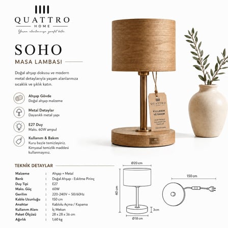 Soho Abajur – Doğal Meşe Ahşap Kaplama