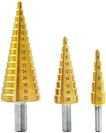 3’lü Kademeli Matkap Ucu Seti – Huni Şekilli Paslanmaz Çelik Sac Delme Uçları, Alüminyum, Demir, Sac Metal ve İnce Levha Delme İçin Step Drill Panç Seti