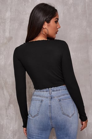 Modi Green Kadın Siyah Uzun Kollu Büzdürme Bağcık Detaylı Crop Top Bluz