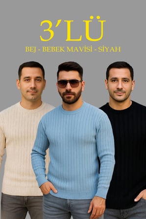 Modi Green Erkek Fitilli Triko Kazak 3’lü Set – Bej, Bebek Mavisi, SiyahKalın Dokuma Pamuklu Regular Fit Bisiklet Yaka Uzun Ko