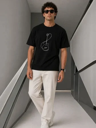 Modi Green Erkek Minimal Gitar Baskılı Tişört T-Shirt Yazlık Kısa Kol Bisiklet Yaka T-Shirt - Siyah
