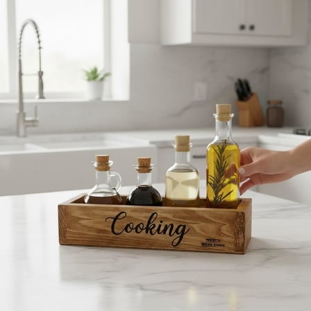Ahşap Mutfak Organizeri Yağdanlık Altlığı ve Baharatlık Standı - Modern "Cooking" Tasarımlı (SİYAH)