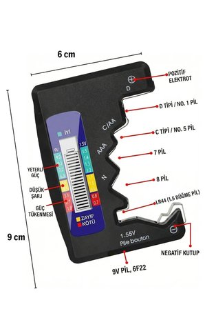 Dijital Pil Test Cihazı – AA, AAA, C, D, N, 9V ve Düğme Pil Uyumlu Mini Pil Kapasit