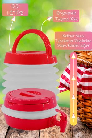 Musluklu Katlanır Su Bidonu – Taşınabilir Katlanabilir Su Sebili, Kamp Piknik Outdoor Su Sürahisi, Akordiyon Tasarım Su Kovası, Damacana İçecek Şişesi (Kırmızı)