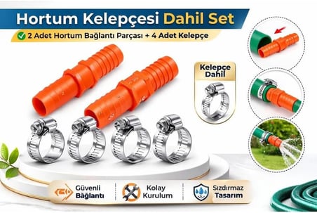 1/2 Bahçe Hortumu Bağlantı ve Onarım Seti, 2 Adet Ekleme Aparatı ve 4 Adet Kelepçe Dahil, Dayanıklı Sulama Adaptörü