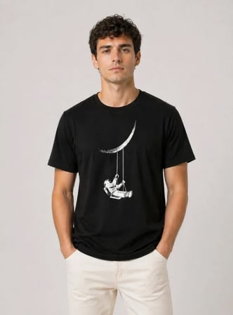Modi Green Erkek Astronot Ay Temalı Tişört Kısa Kol Yazlık Bisiklet Yaka T-Shirt - Siyah